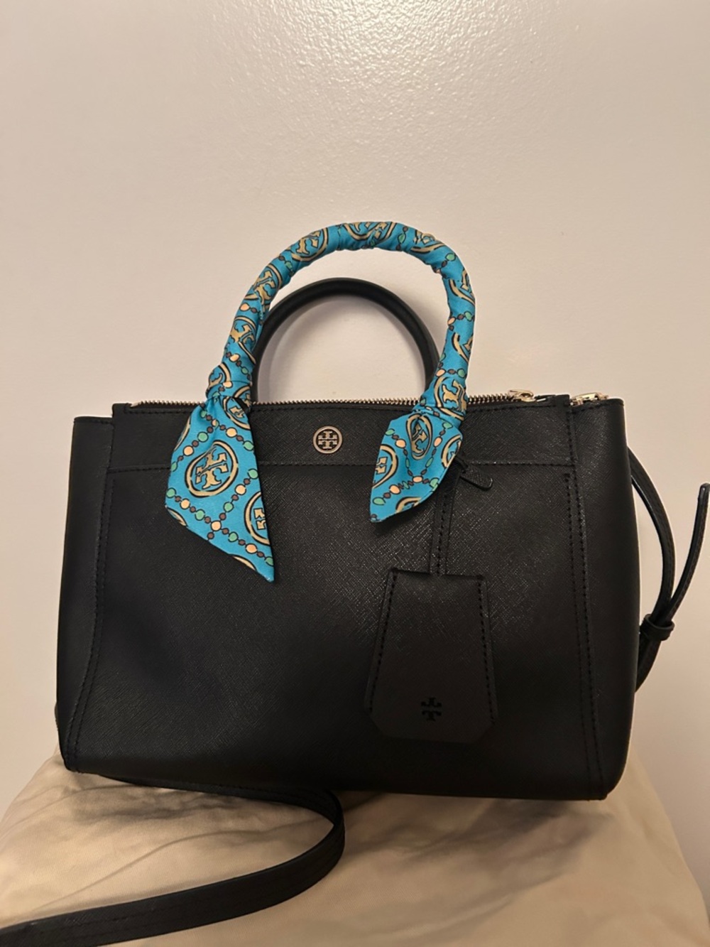 Tory Burch dark Navy Leather Satchel with Turquoise Scarf-Wrapped Handle